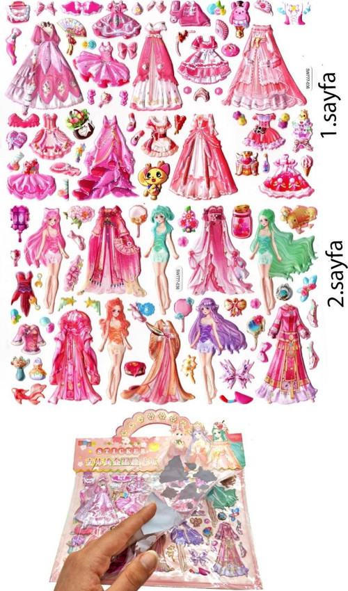 Sticker Kabartmalı Çantalı iki Sayfalı Sticker Seti (SW-036)-24x15 cm - Pembe Kız Giydirme