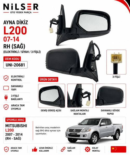 Mitsubishi L200 Dikiz Ayna Dış Sağ 2007-2014 3Fişli