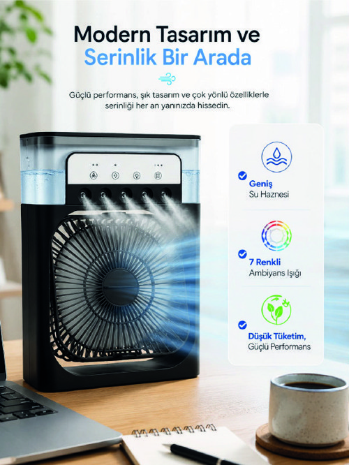 Masaüstü Püskürtmeli Serinletici Fan 5 Sisleme, 3 Fan Hızı, 7 Renk Ambiyans Işığı - Lisinya