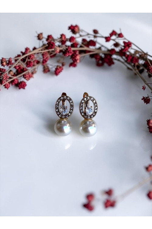 Zirkon Taşlı Oval Tasarım İnci Küpe