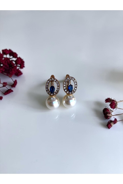 Zirkon Taşlı Oval Tasarım İnci Küpe
