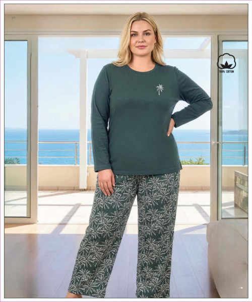Kadın Büyük Beden %100 Pamuk Bisiklet Yaka Uzun Kollu Baharlık Pijama Takımı 17148 - 1 Adet
