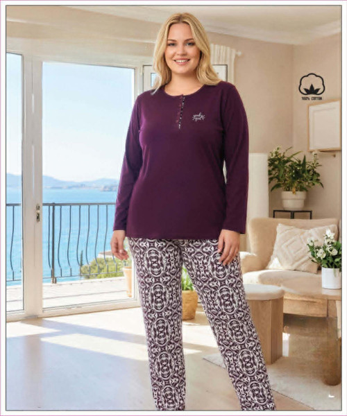 Kadın Büyük Beden %100 Pamuk Düğmeli Yaka Uzun Kollu Baharlık Pijama Takımı 17153 - 1 Adet