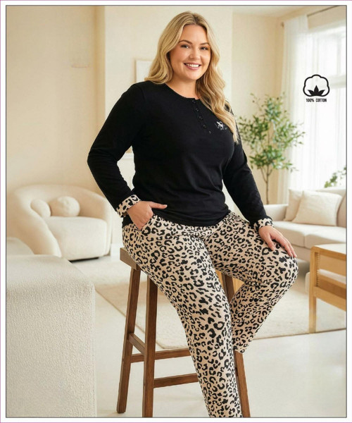 Kadın Büyük Beden %100 Pamuk Düğmeli Yaka Uzun Kollu Baharlık Pijama Takımı 17144 - 1 Adet