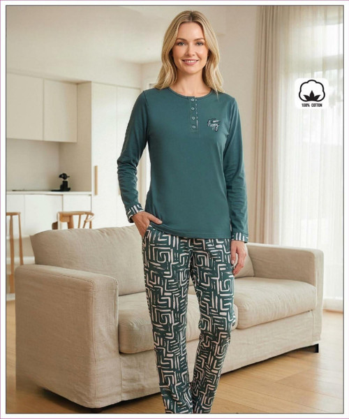 Kadın Standart Kalıp %100 Pamuk Düğmeli Yaka Uzun Kollu Baharlık Pijama Takımı 16225 - 1 Adet
