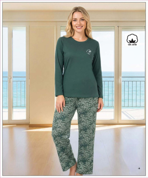 Kadın Standart Kalıp %100 Pamuk Bisiklet Yaka Uzun Kollu Baharlık Pijama Takımı 16228 - 1 Adet