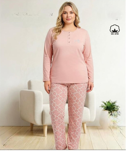 Kadın Büyük Beden %100 Pamuk Düğmeli Yaka Uzun Kollu Baharlık Pijama Takımı 17150 - 1 Adet
