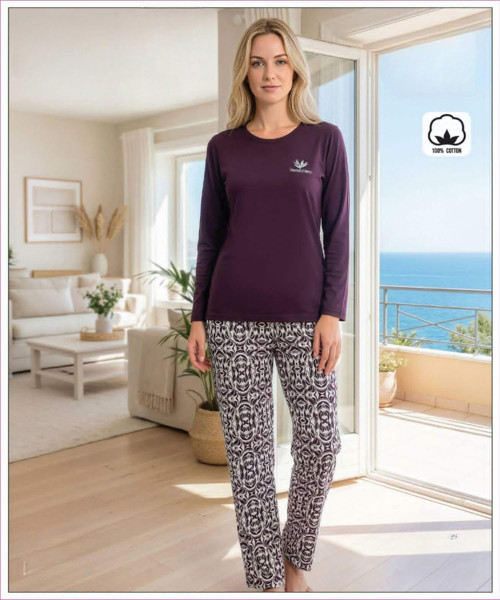 Kadın Standart Kalıp %100 Pamuk Bisiklet Yaka Uzun Kollu Baharlık Pijama Takımı 16233 - 1 Adet