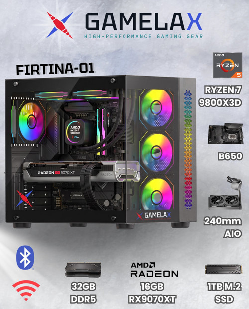 FIRTINA-01 AMD Ryzen7 9800X3D RX9070XT 16GB 32GB DDR5 Ram 1TB M.2 SSD 240MM Sıvı Soğutma Wi-