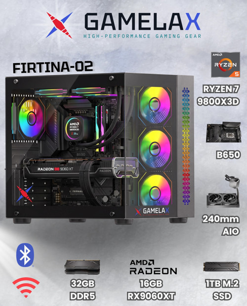 FIRTINA-02 AMD Ryzen7 9800X3D RX9060XT 16GB 32GB DDR5 Ram 1TB M.2 SSD 240MM Sıvı Soğutma Wi-