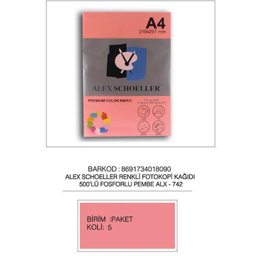 Renkli Kağıt 500 LÜ A4 75 GR Fosforlu Pembe ALX-742