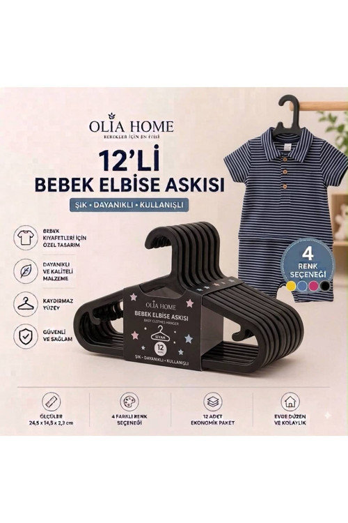 12’Li Bebek Elbise Askısı Çocuk Kıyafet Askısı Kaydırmaz Plastik Askı – Siyah