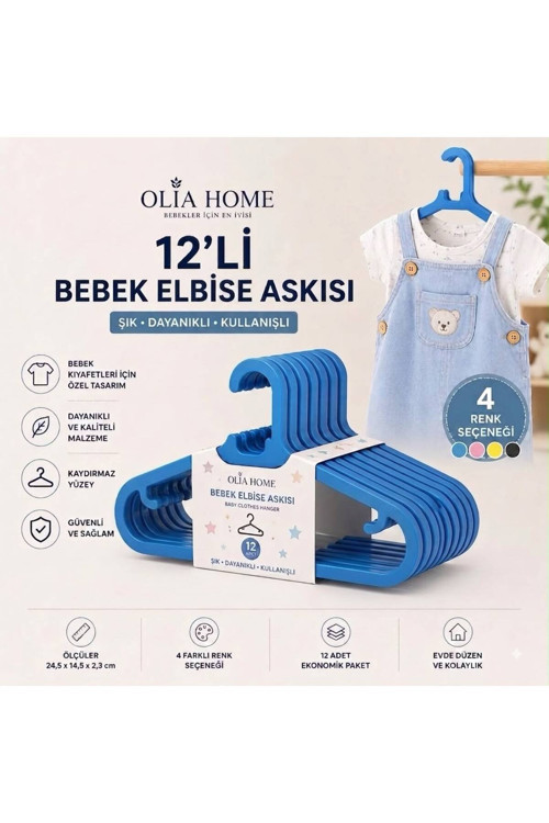 12’Li Bebek Elbise Askısı Çocuk Kıyafet Askısı Kaydırmaz Plastik Askı – Mavi