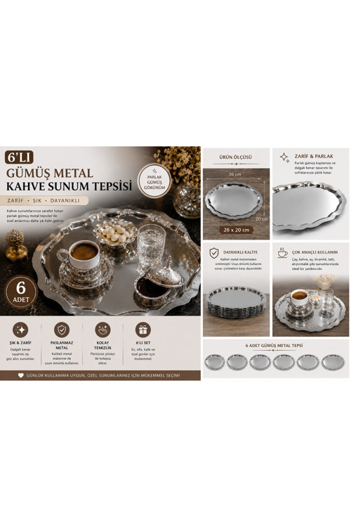 6’Lı Gümüş Metal Kahve Sunum Tepsisi 26X20 Cm Paslanmaz Görünümlü Çay Kahve İkram Servis Tepsisi