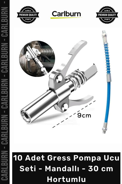 Özel Üretim 10000 PSI M10 Metal Yağlama 10 Adet Gress Pompa Ucu Seti Mandallı 30 cm Hortumlu