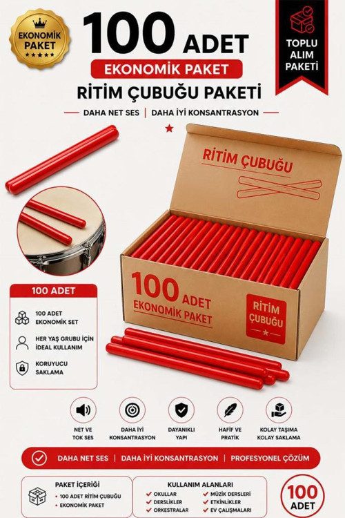 Orf-BT-25RD-50X Kırmızı Ritim Çubuğu Paketi 25 cm Karbon Fiber Örf Aletleri Seti Toptan Paket (Tek Renk 50 Çift)