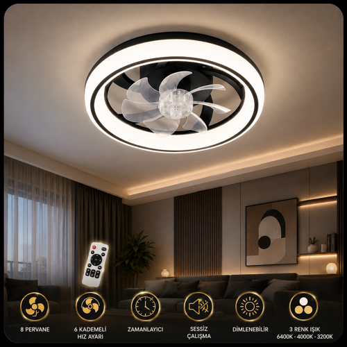 CT-3010 Meltem Kumandalı LED Tavan Vantilatörü 3 Renk Sessiz Çalışma Zamanlayıcılı