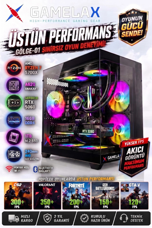 GÖLGE-01 AMD Ryzen7 5700X RTX5060 8GB 16GB DDR4 Ram 1TB M.2 SSD 240MM Sıvı Soğutma Wi-Fi Mas