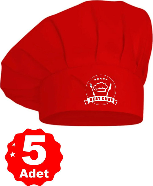 5Li Kırmızı Üzeri Beyaz Best Chef Logo Baskılı Şef Aşçı Şapkası Mantar Kep