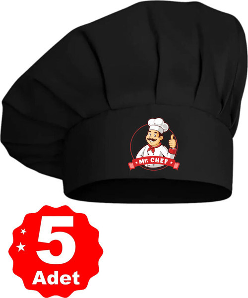 5Li Siyah Üzeri Mr. Chef Logo Baskılı Şef Aşçı Şapkası Mantar Kep
