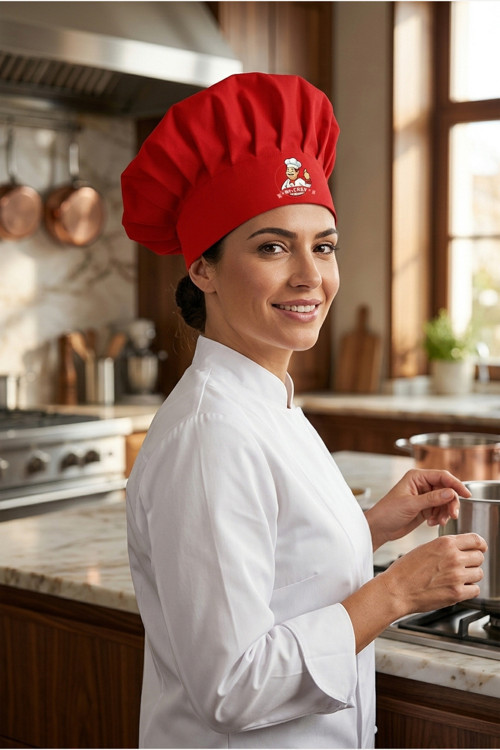 Mr. Chef Logo Baskılı Kırmızı Şef Aşçı Şapkası, Mantar Kep