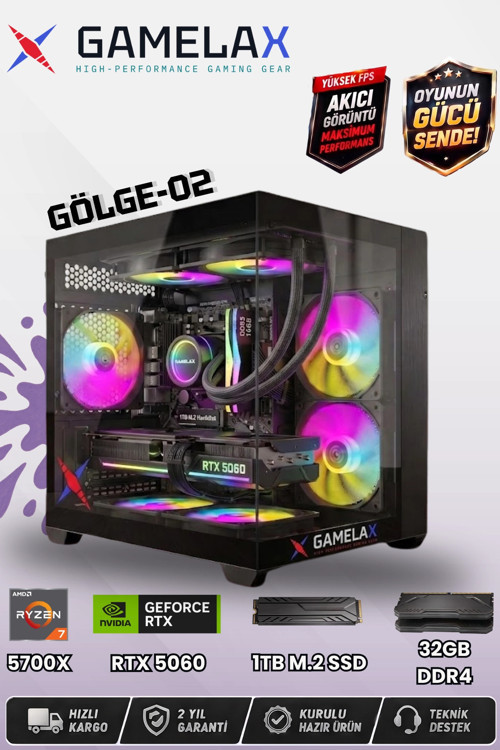 GÖLGE-02 AMD Ryzen7 5700X RTX5060 8GB 32GB DDR4 Ram 1TB M.2 SSD 240MM Sıvı Soğutma Wi-Fi Mas