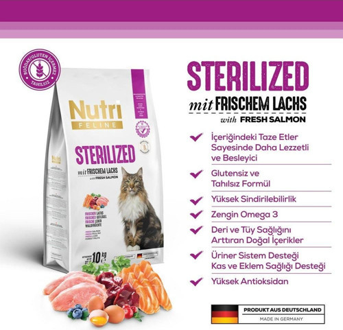 Nutri Sterilised /Kısırlaştırılmış Tahılsız Somonlu Kedi Maması 10 Kg