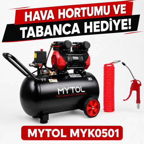 MYK0501 50 Lt Yağsız Kompresör 1,5 HP 8 Bar Hortum ve Tabanca Hediyeli