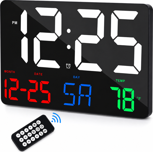 Dijital Duvar Saati Büyük Ekran 25x16 cm Renkli LED Tarih Gün Sıcaklık Alarm Uzaktan Kumandalı