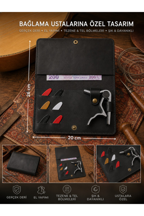 %100 Hakiki Deri El Yapımı Müzisyen / Bağlama Cüzdanı - Kapo Ve Pena Bölmeli Siyah