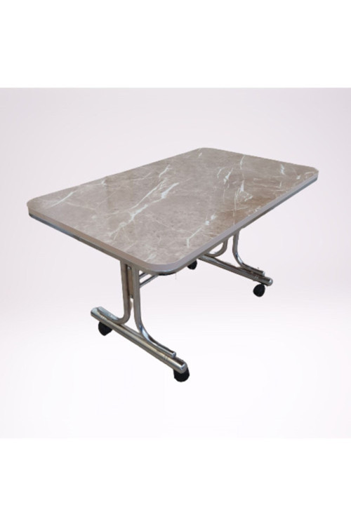 Kahve Mermer 60X100 Krom Nikel Kaplamalı Tekerlekli Orta Sehpa Metal Tekerlekli Masa