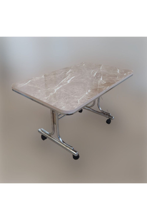 Kahve Mermer Renkli 70X110 Krom Nikel Kaplamalı Tekerlekli Orta Sehpa Metal Tekerlekli Masa