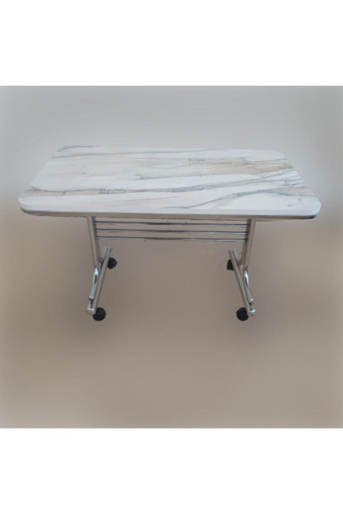 Beyaz Mermer Desenli 60X100 Krom Nikel Kaplamalı Tekerlekli Orta Sehpa Metal Masa