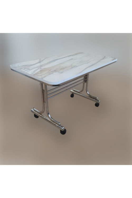 Beyaz Mermer Desenli 70X110 Krom Nikel Kaplamalı Tekerlekli Orta Sehpa Metal Masa