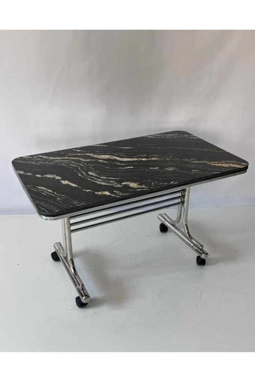 Siyah Mermer Desenli 70X110 Krom Nikel Kaplamalı Tekerlekli Orta Sehpa Metal Masa