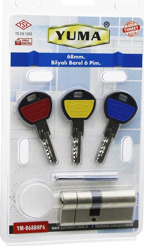 Yuma YM-B68-BNP6 Barel 68mm 6 Pim 3 Anahtar Bilyalı Nikel Saten Vakumlu Ambalaj