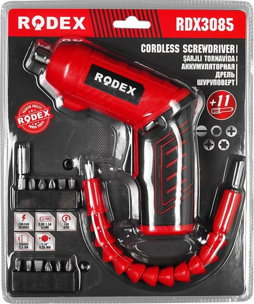 Rodex RDX-3085 Tornavida 11 Adet Uç 2IN1 Kullanım Düz Şarjlı Tabanca Ulaşılması Zor Alanlar Aparatı