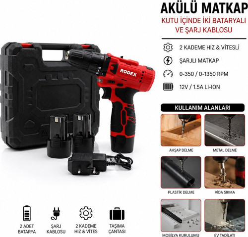 Rodex RDX-3322 Matkap Çift Batarya 12V / 1.5A Lı-Ion 2 Kademe Hız 0-350 / 0-1350 RPM Şarjlı Vitesli