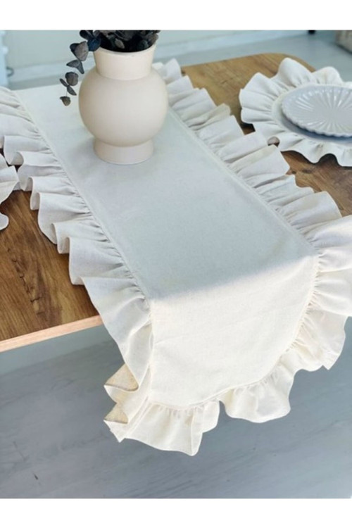 Naturel Fırfırlı Runner Örtü Pamuklu Vintage Ekru 40 X 110 Cm