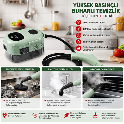 SN-37875 2500W Yüksek Basınçlı Ayarlanabilir Dijital Buharlı Temizleme Cihazı 1 Litre Su Hazneli