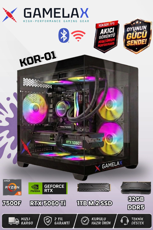 KOR-01 AMD Ryzen5 7500F RTX5060 Tİ 8GB 32GB DDR5 Ram 1TB M.2 SSD 240MM Sıvı Soğutma Wi-Fi Ma