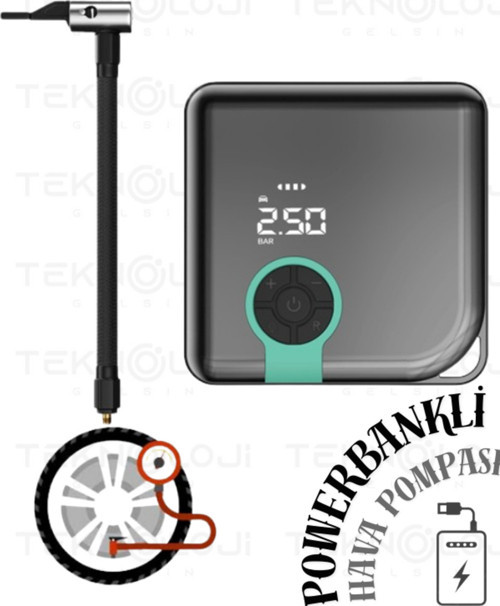 Hava Pompası Şarjlı Taşınabilir Basınç Göstergeli Kompresör Powerbank Lastik Şişirme Pompa Elfenerli