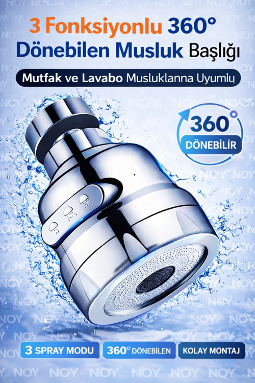 Mutfakta Sıçramayı Önleyen 360° Döner Musluk Başlığı – 3 Fonksiyonlu Sprey Uç