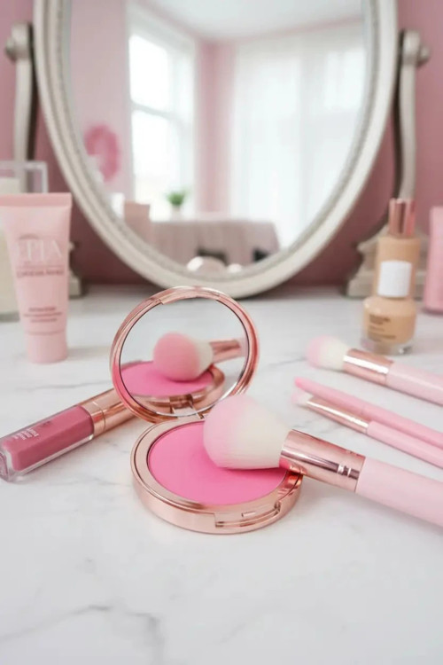 Lisanslı Minimalist Serisi Toz Allık No 05 - Canlı Pembe Tonlu ve Aynalı Kapaklı Doğal Işıltı Veren Toz Allık