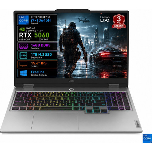 Loq 15IRX10 83JE01BETR I7-13645HX 16GB 1tb SSD RTX5060 8gb Tgp 100W 15.6" IPS 144Hz Freedos Taşınabilir Bilgisayar