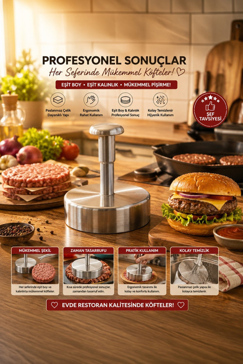 1832 Hamburger Ve Köfte Kalıbı Köfte Presi Şekillendirici Burger Press Pratik Köfte Yapma Aparatı Gri