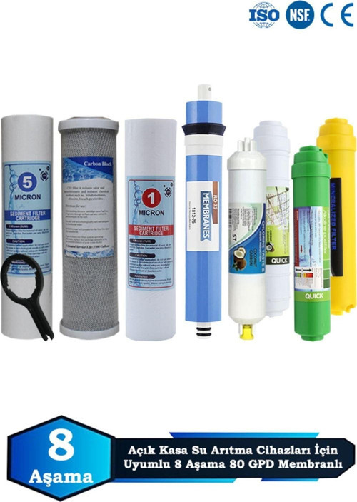 Açık Kasa Su Arıtma Cihazı Uyumlu 8 Aşama Cift Sediment 80 GPD Membranlı Multimineralli Bakım Seti