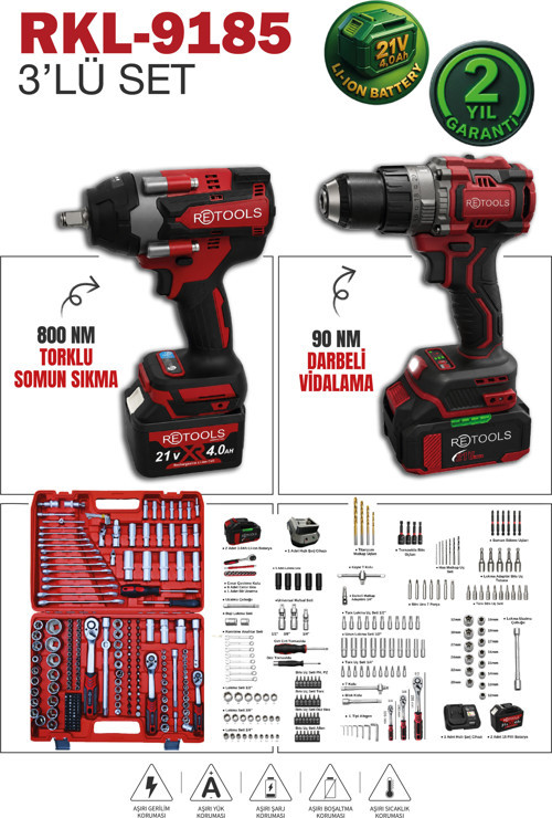 RKL-9185 3’lü Set 800NM Somun Sıkma - 90NM Vidalama ve Lokma Seti