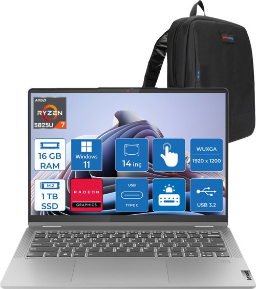 Ideapad Flex5 14ABR8 Amd Ryzen 7 5825U 16GB 1tb SSD 14" Wuxga (1920X1200) IPS 300NITS WIN11HOME Dokunmatik +Lenovo® Digital Pen Taşınabilir Bilgisayar 82XX00JSTXH03+ZETTAÇANTA