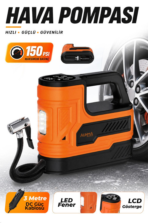 A7788 150 PSI Dijital Araç Lastik Şişirme Hava Kompresörü Turuncu – 12V Çakmaklık Girişli, Oto